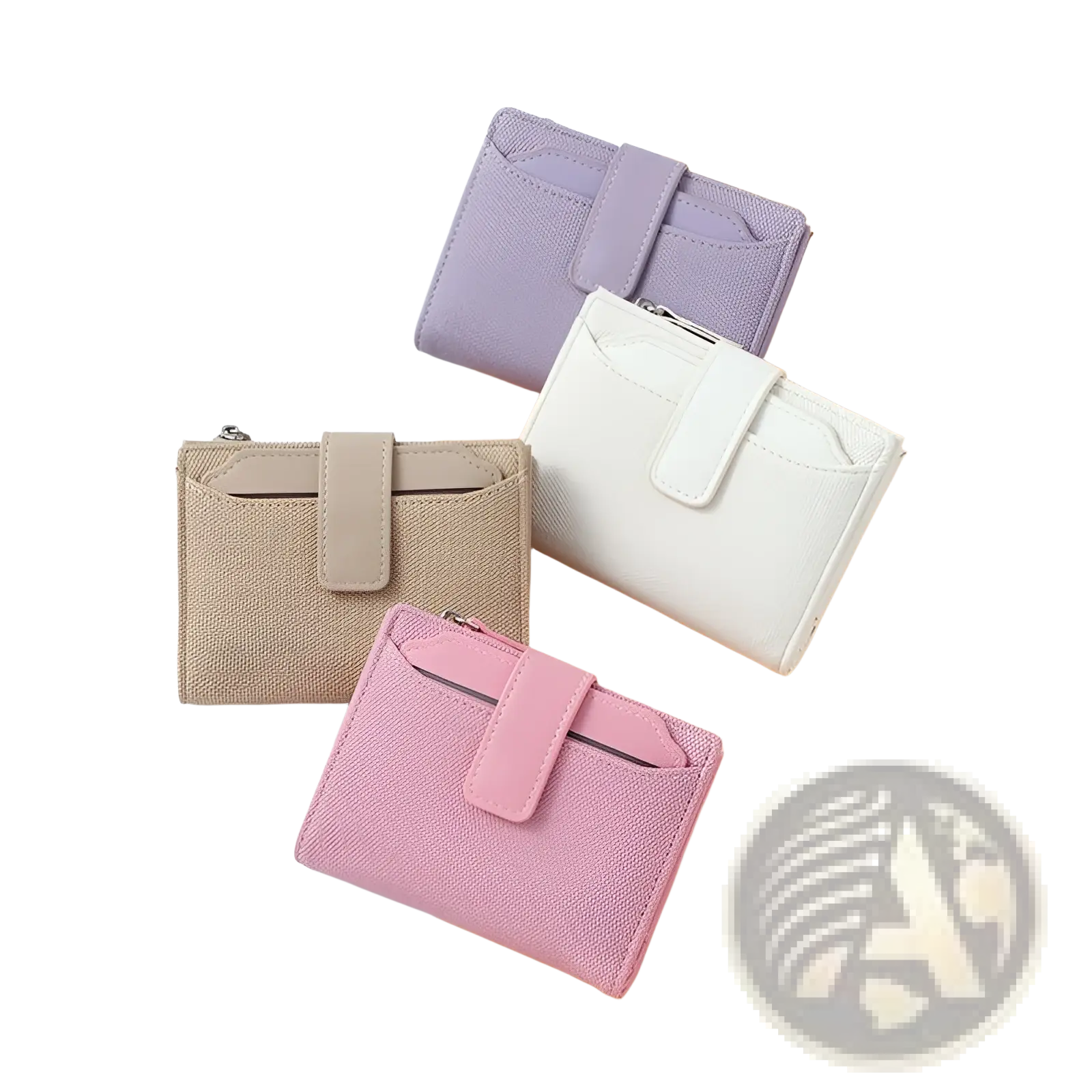Leather wallet women’s short woven textured purse in pastel lavender beige white and pink with matching flap closures