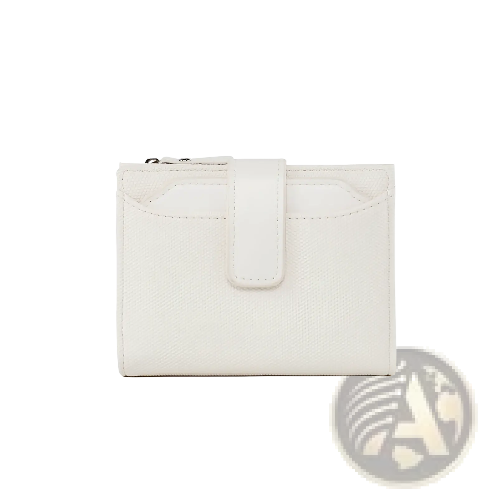 A sleek white leather wallet for women with woven textured surface and minimalist flap closure