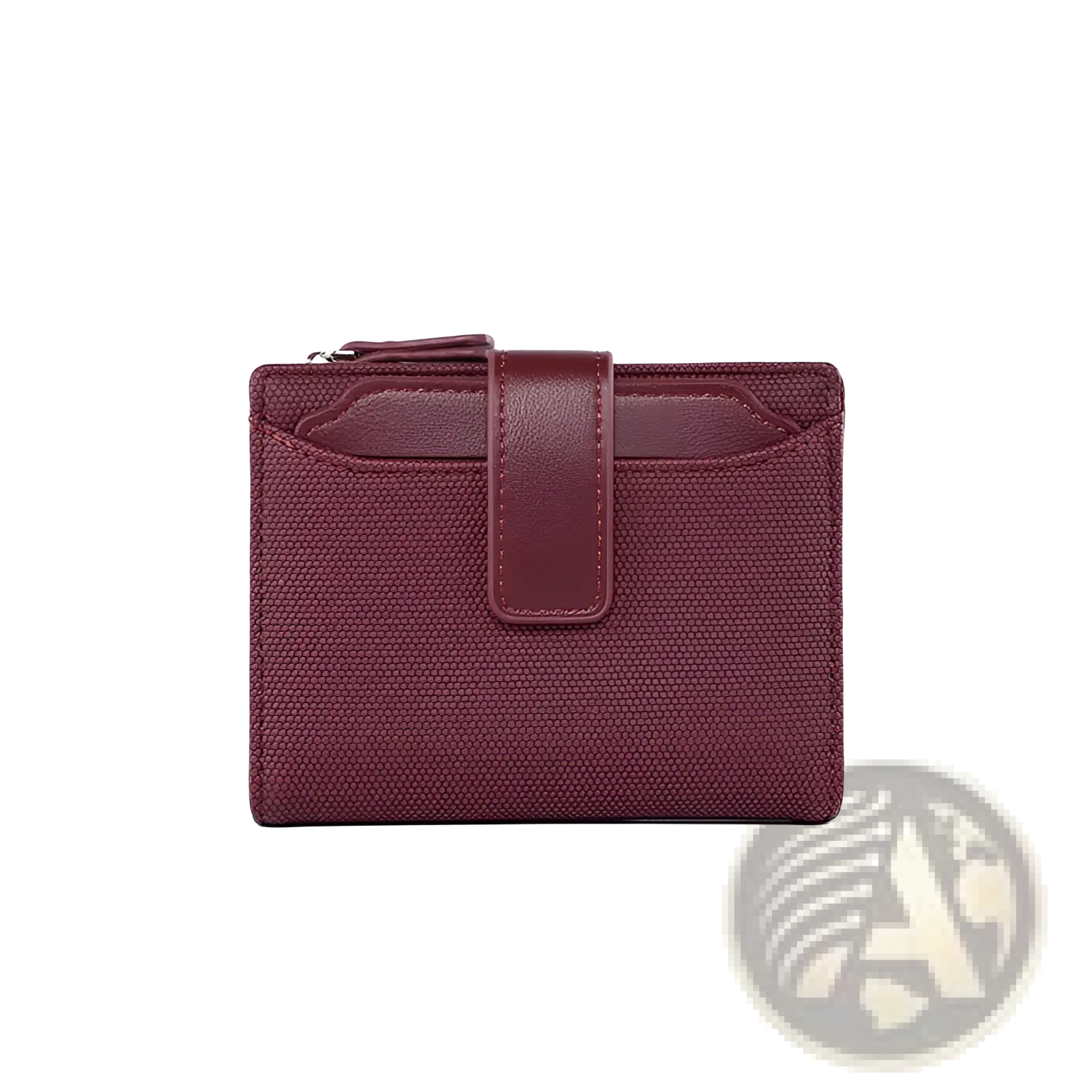 Leather wallet womens short woven textured purse in burgundy with a compact design and smooth leather strap closure