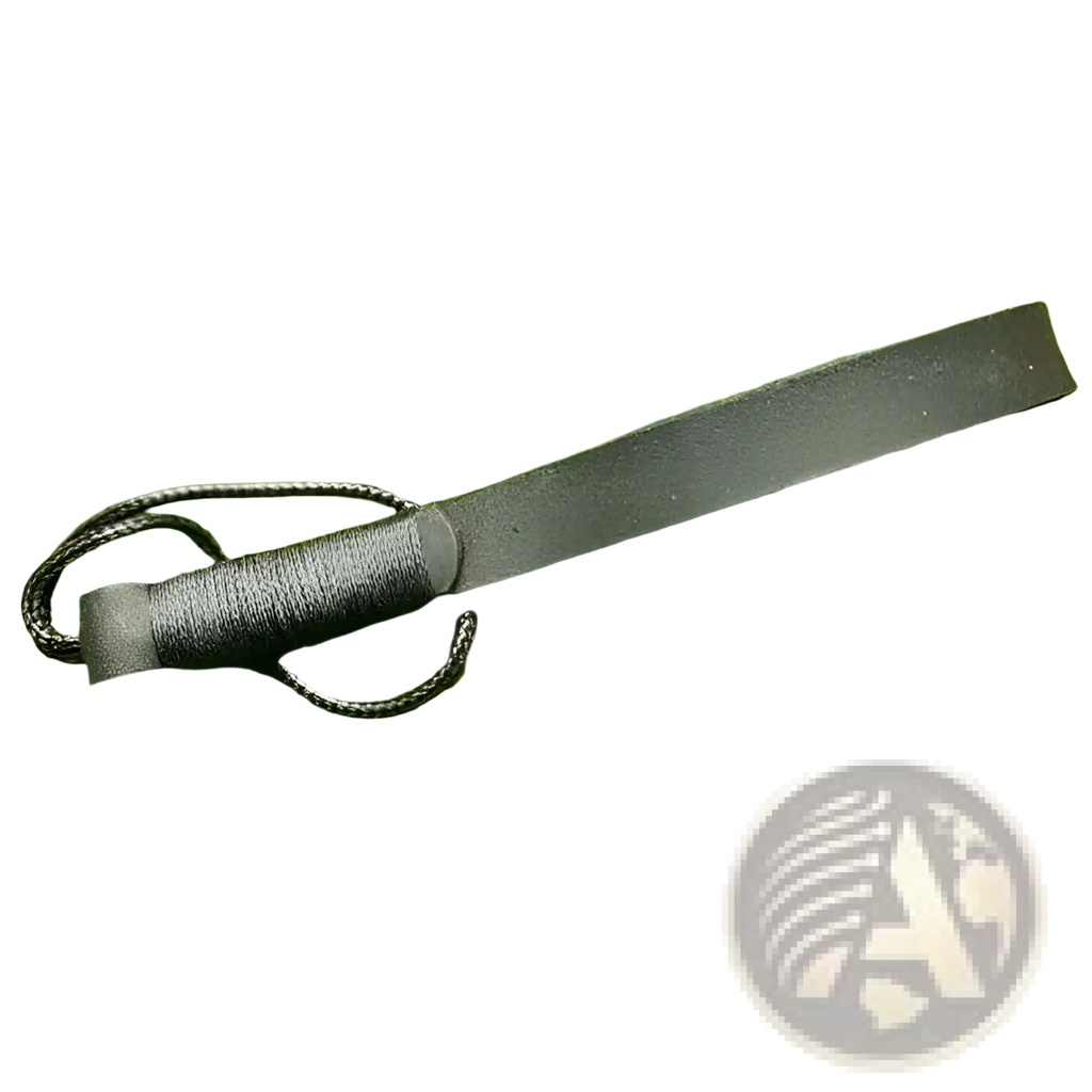 Black leather whip with braided cord handle used as a leather weave lanyard keychain car key holder
