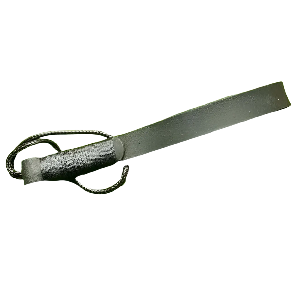Black leather whip with braided cord handle used as a leather weave lanyard keychain car key holder