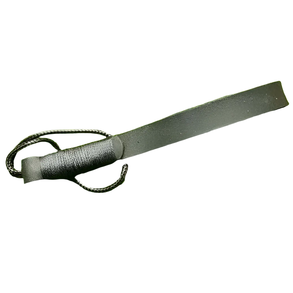 Black leather whip with braided cord handle used as a leather weave lanyard keychain car key holder