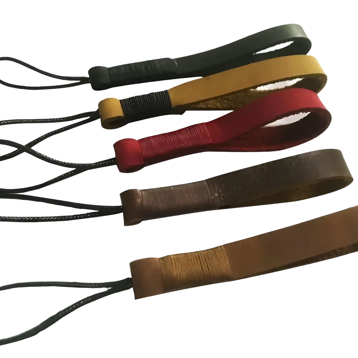 Leather weave lanyard keychain car key holder with leather camera strap, black cord, and stitched ends in multiple colors