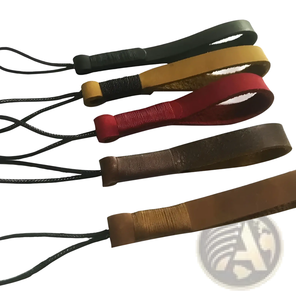 Leather weave lanyard keychain car key holder with leather camera strap, black cord, and stitched ends in multiple colors