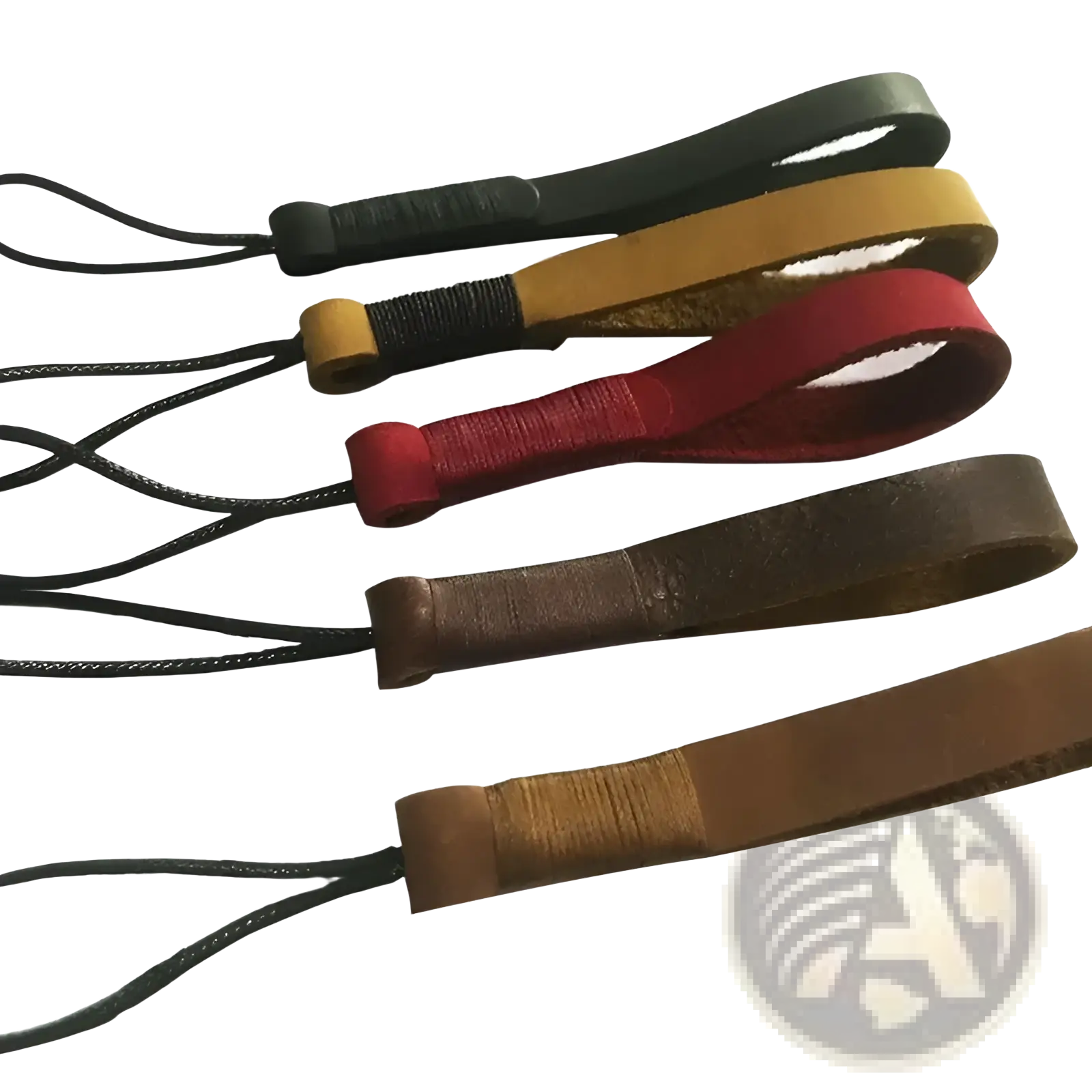Leather weave lanyard keychain car key holder with leather camera strap, black cord, and stitched ends in multiple colors