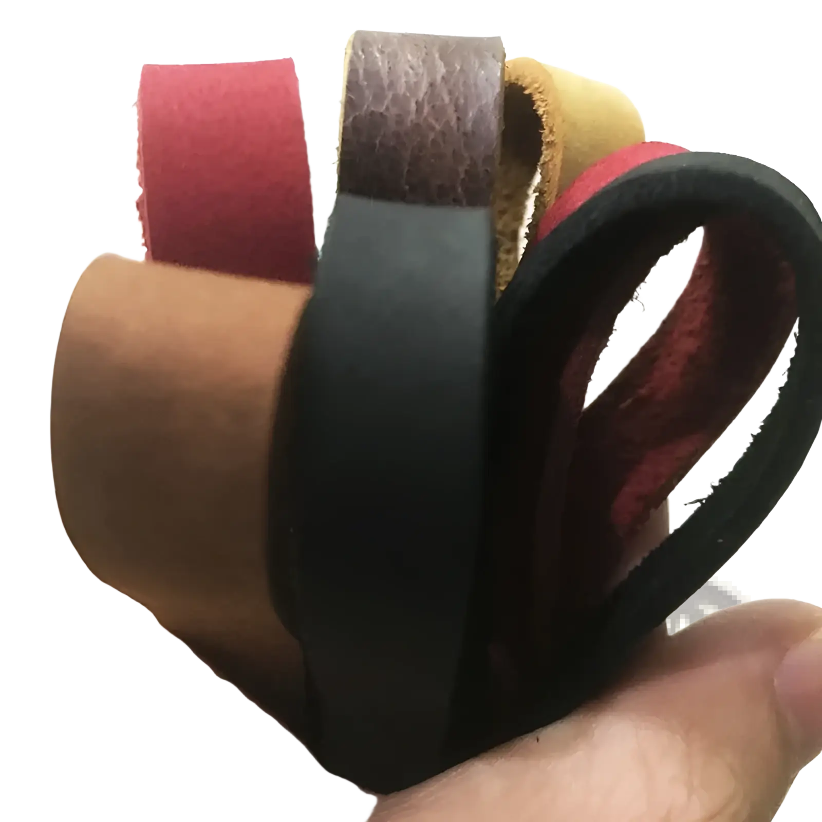 A hand holds a leather weave lanyard keychain car key holder with colorful red brown black and tan leather strips