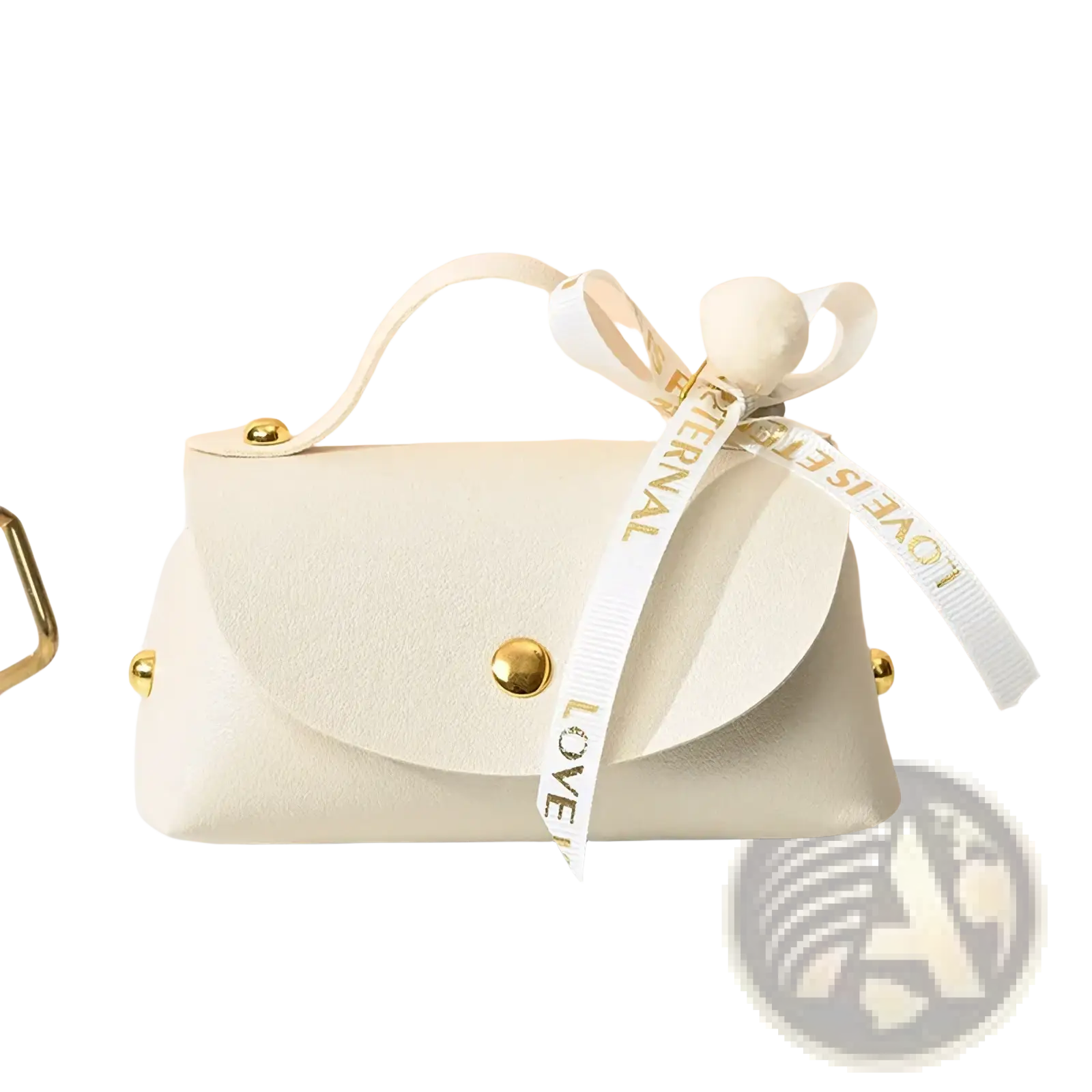 Cream-colored faux leather mini clutch with gold hardware and white ribbon bow for leather wedding favor gift bag use