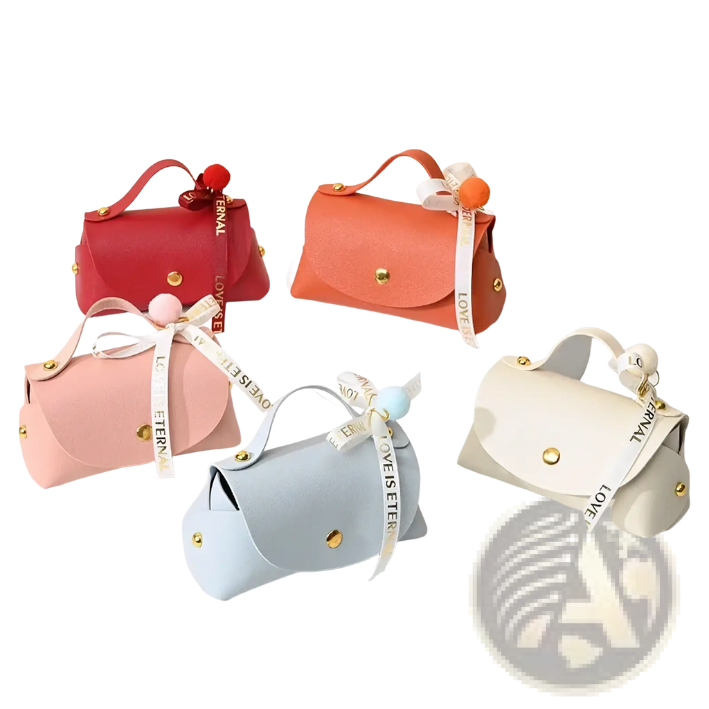 Pastel-colored leather wedding favor gift bag mini handbags with soft leather material, decorative ribbon, and pom-pom accents
