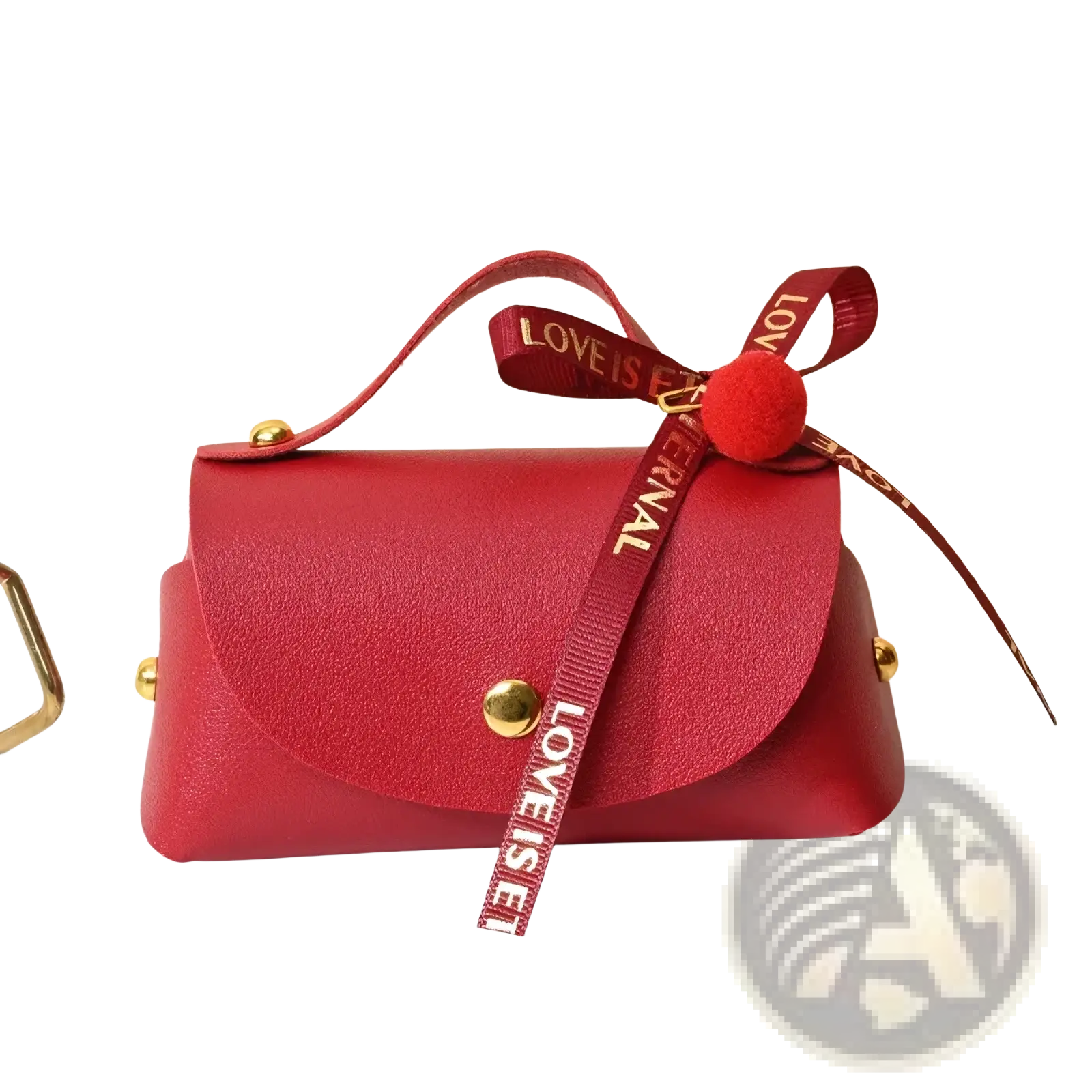 Red faux leather mini handbag with gold-tone hardware and decorative red ribbon bow for leather wedding favor gift bag