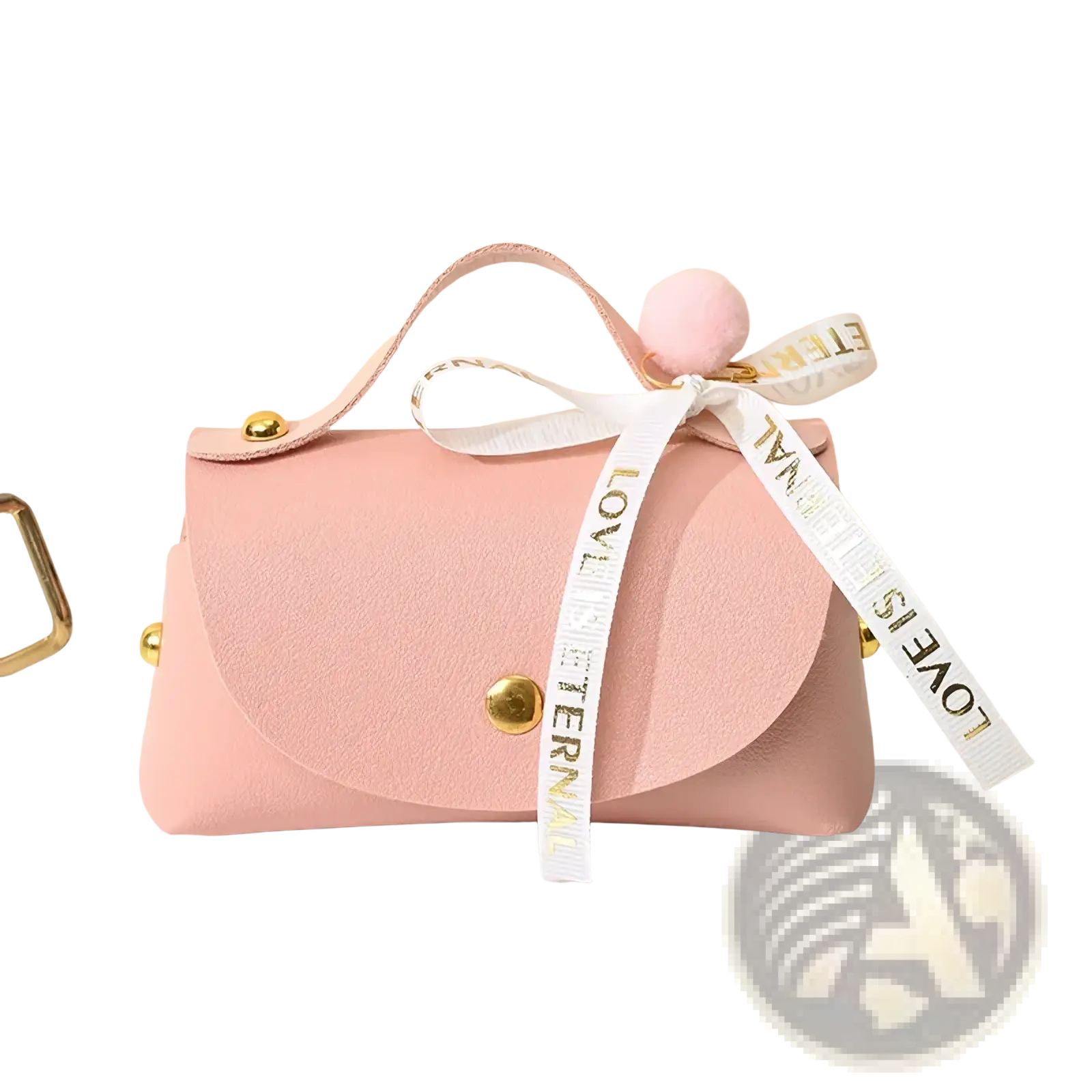 A soft pink faux leather mini clutch with gold hardware and a white ribbon bow reading love is eternal
