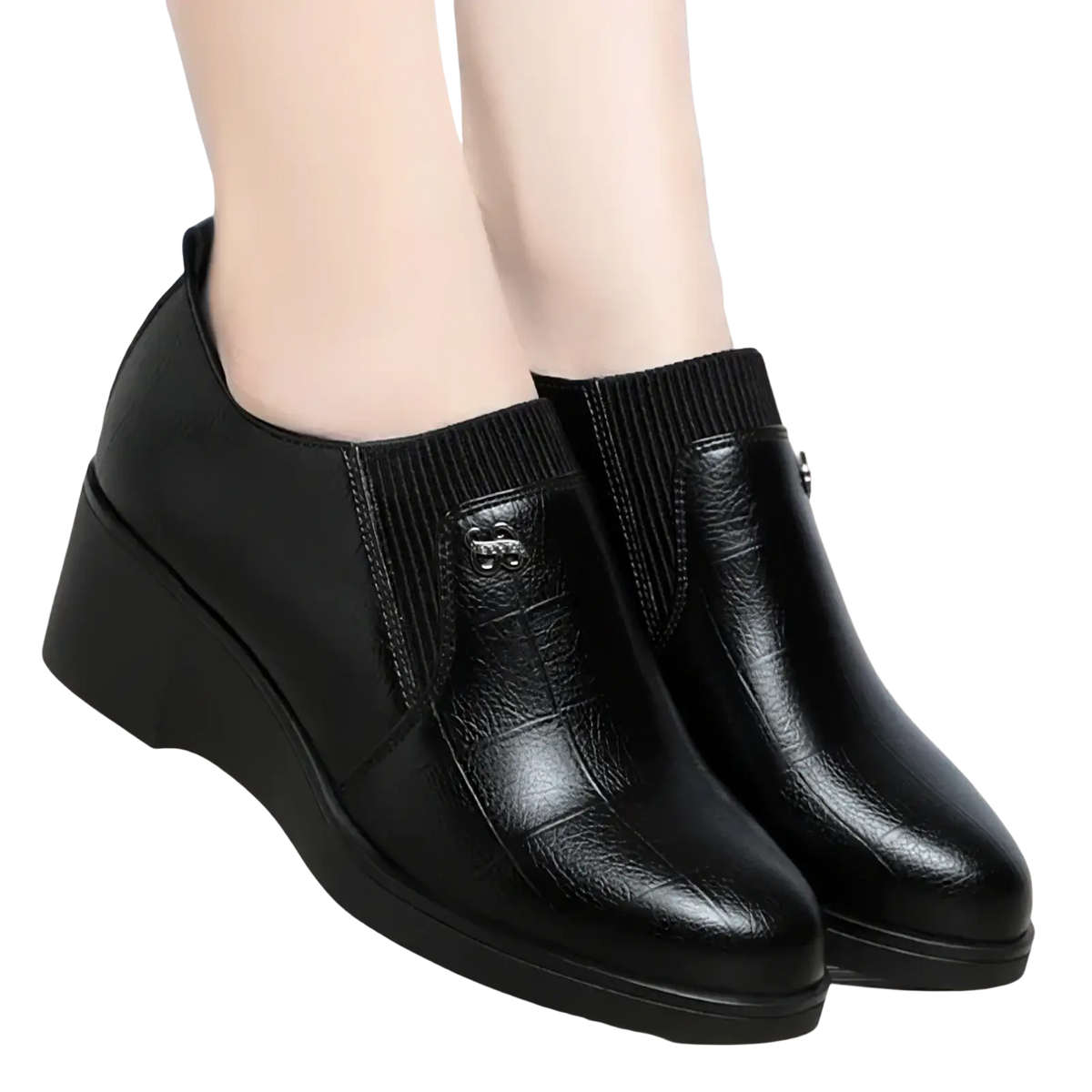 Black leather wedge ankle boots for women with ribbed elastic cuff and subtle embossed texture casual slip-on shoes