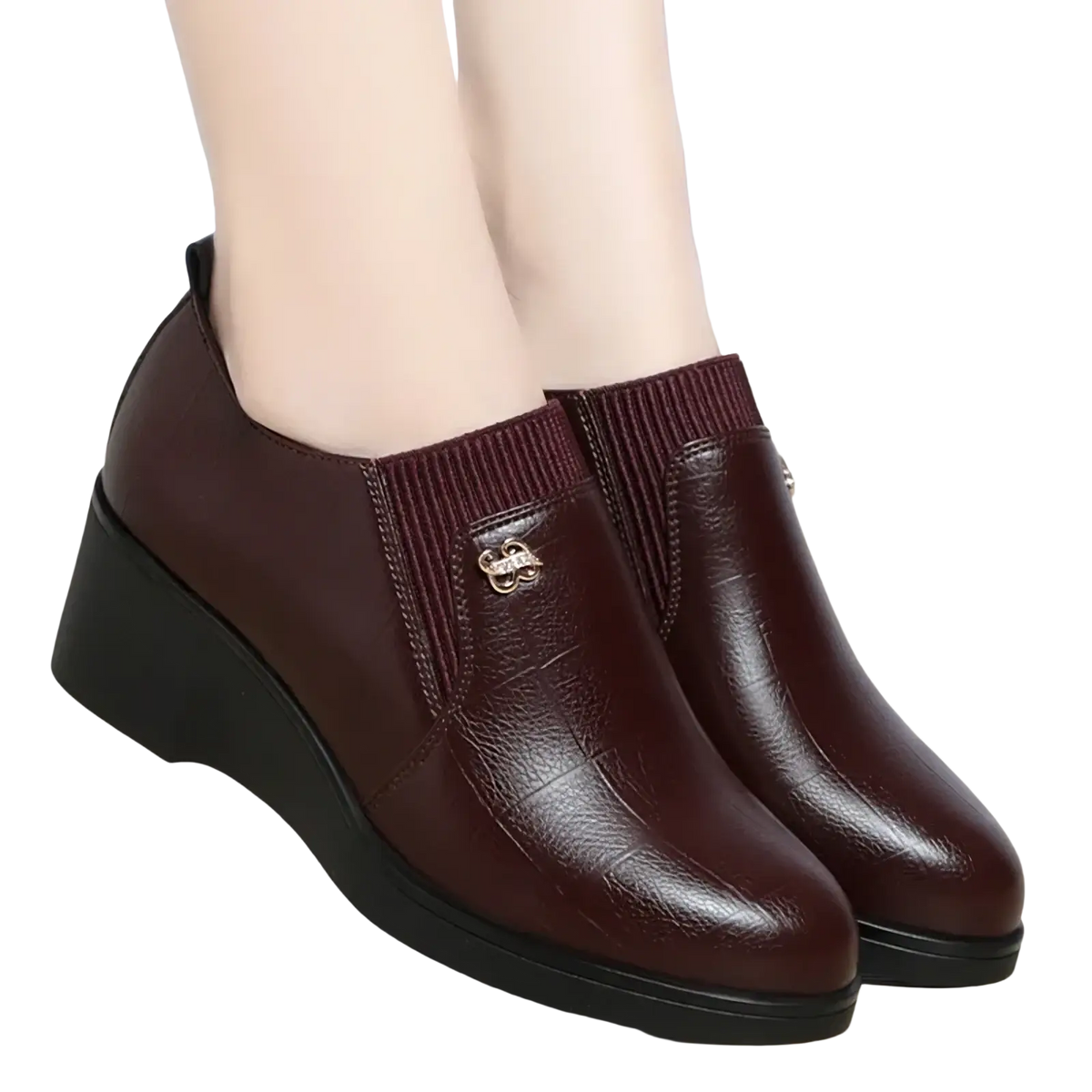 Brown leather wedge ankle boots with ribbed knit cuff and small metallic emblem for casual slip-on wear