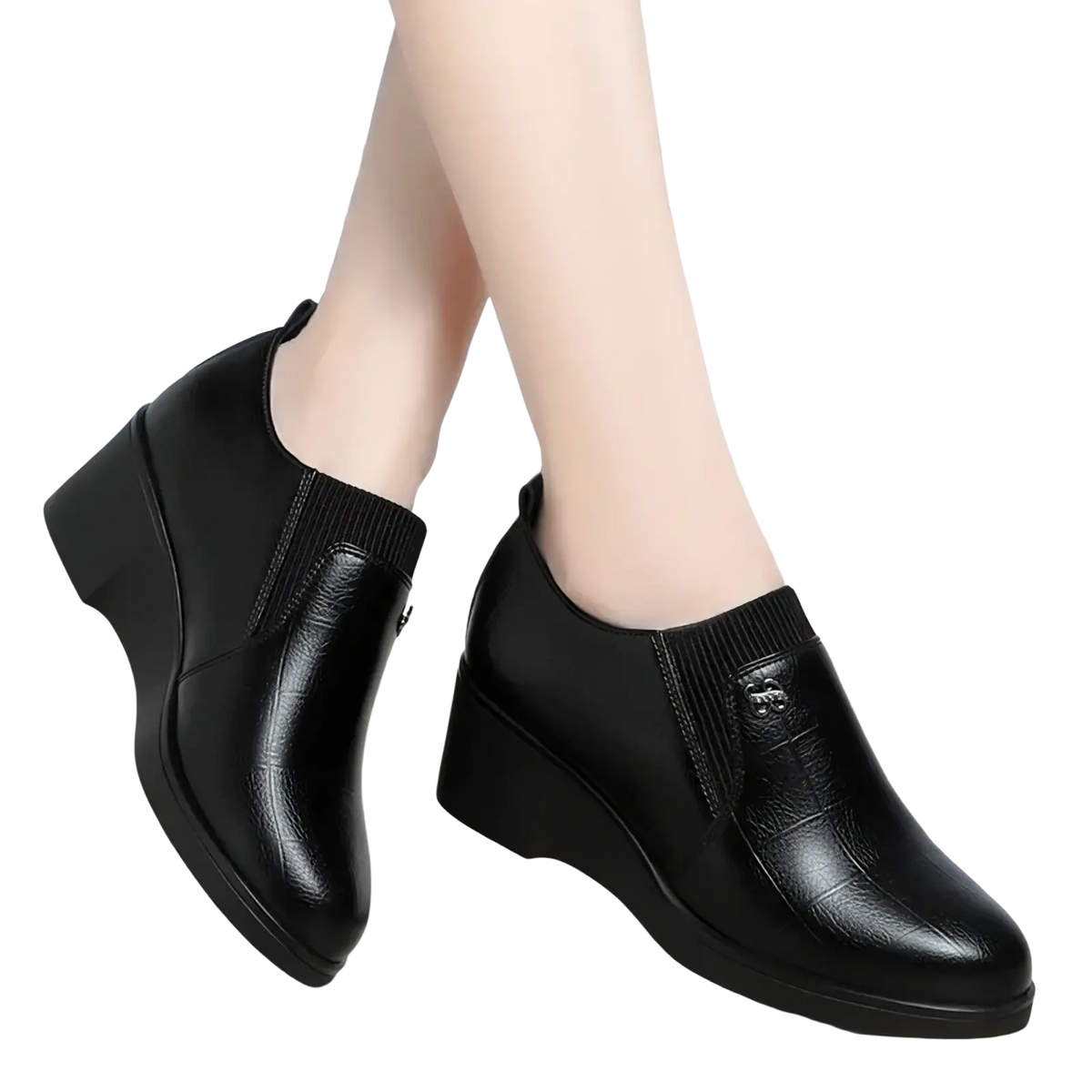 Black leather wedge ankle boots with ribbed knit cuff and subtle embossed logo for casual comfort wear