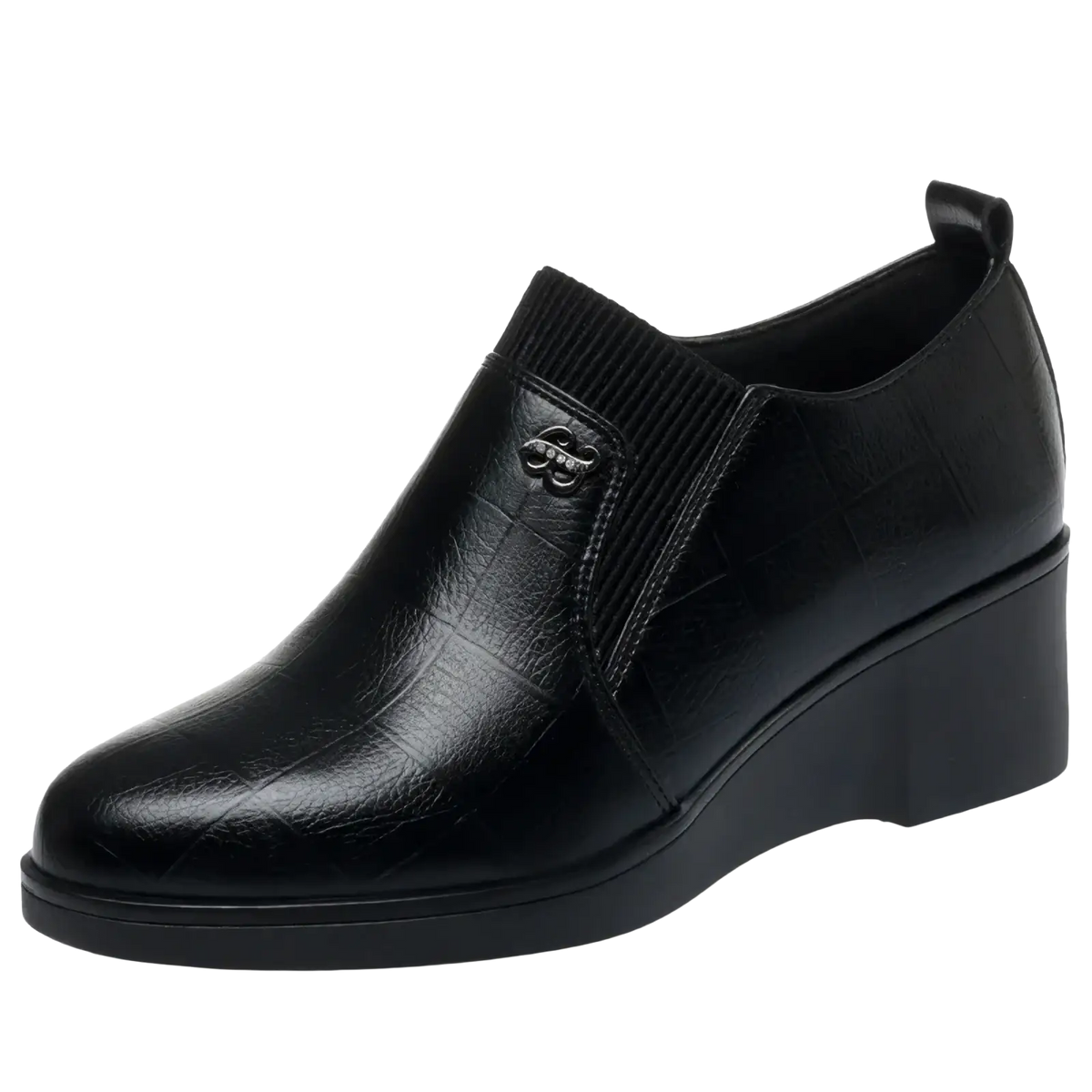 Black leather wedge pumps for women with textured surface and ribbed elastic side panel for casual comfort