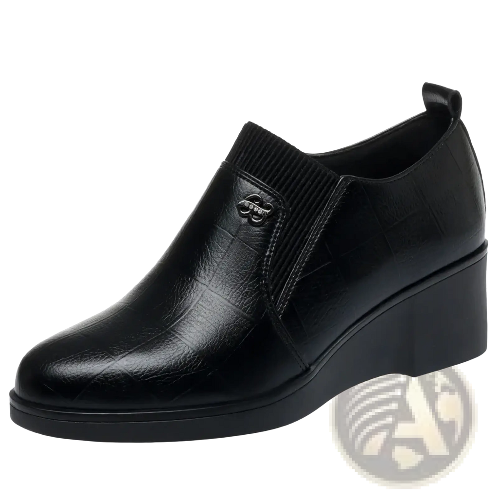 Black leather wedge pumps for women with textured surface and ribbed elastic side panel for casual comfort