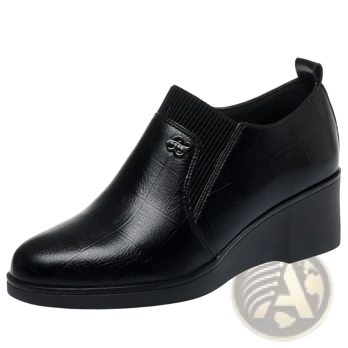 Black leather wedge pumps for women with textured surface and ribbed elastic side panel for casual comfort