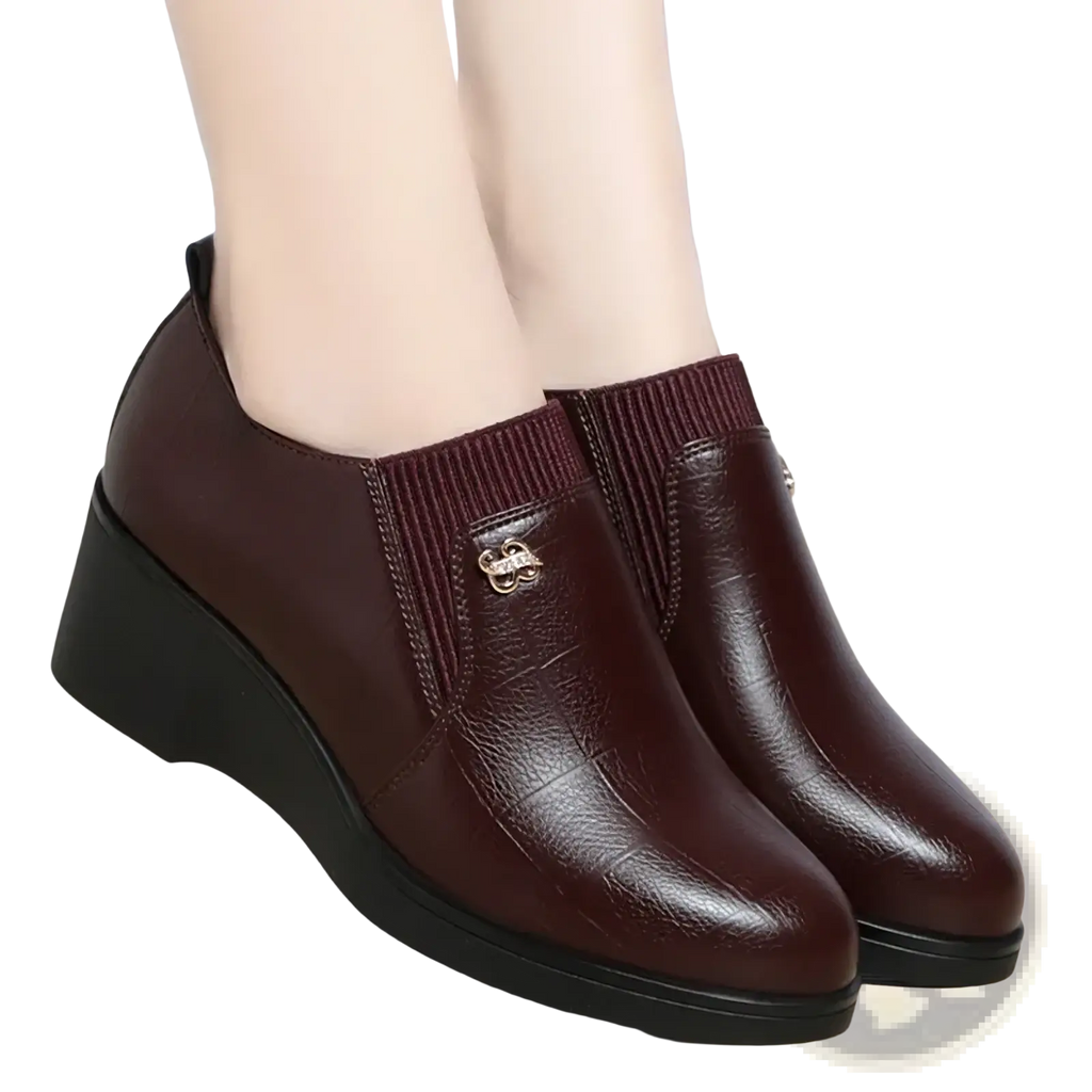 Leather wedge pumps brown leather ankle boots with ribbed knit cuff and small metallic emblem for casual comfort