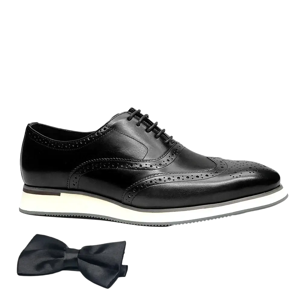Black leather wingtip brogue oxford sneakers with white and gray platform sole for stylish casual wear
