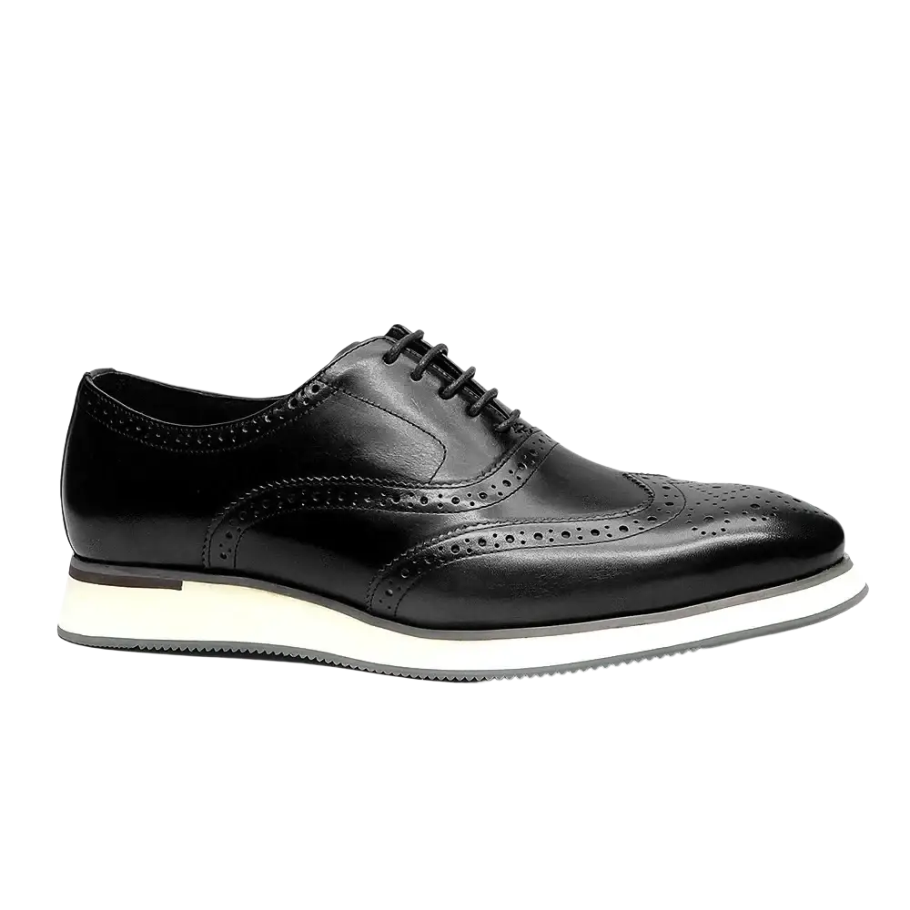 Black leather wingtip brogue Oxford sneaker with white and gray sole showcasing stylish contrast design