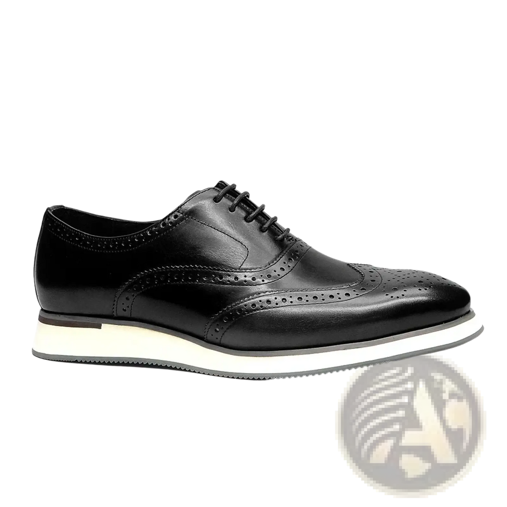 Black leather wingtip brogue Oxford sneaker with white and gray sole showcasing stylish contrast design