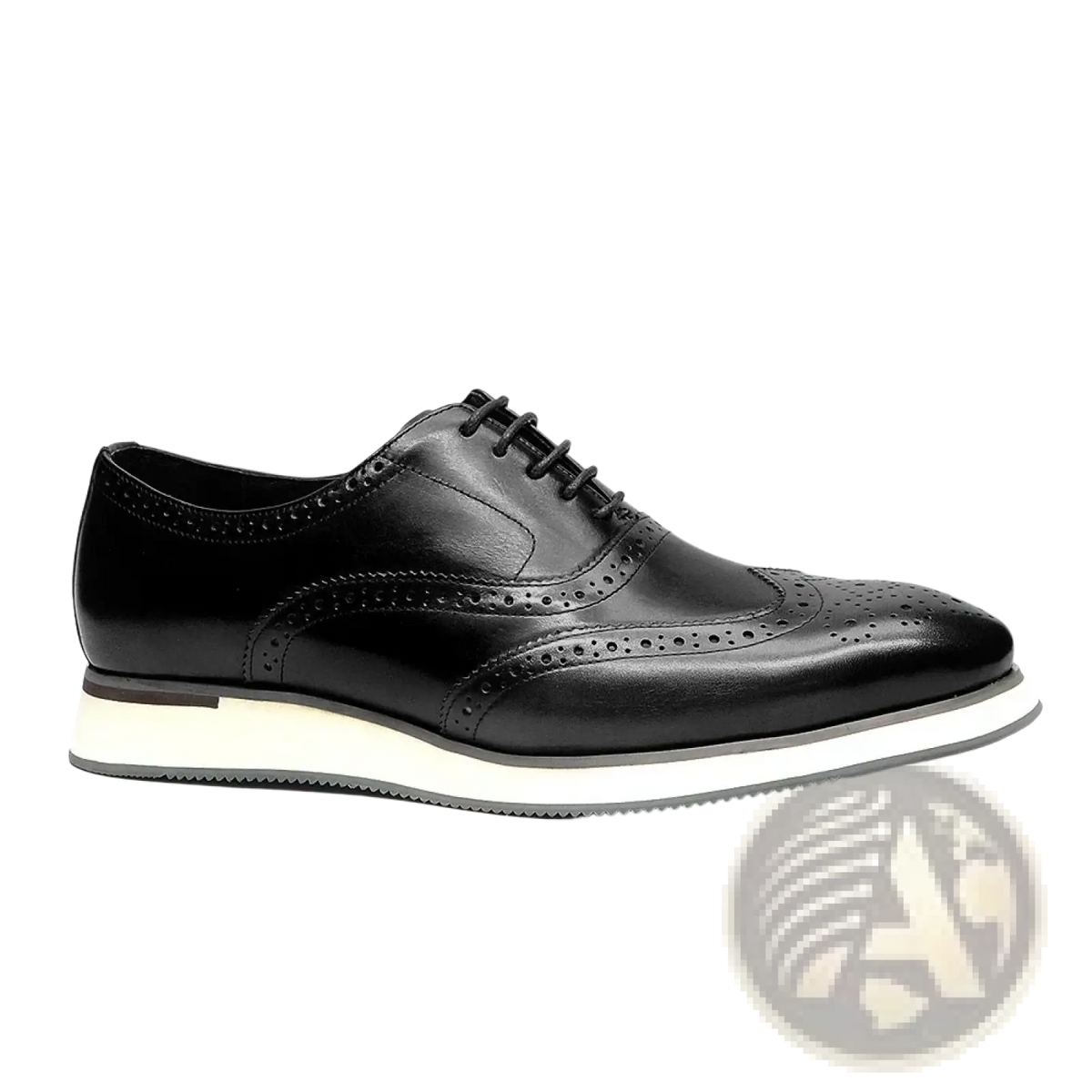 Black leather wingtip brogue Oxford sneaker with white and gray sole showcasing stylish contrast design