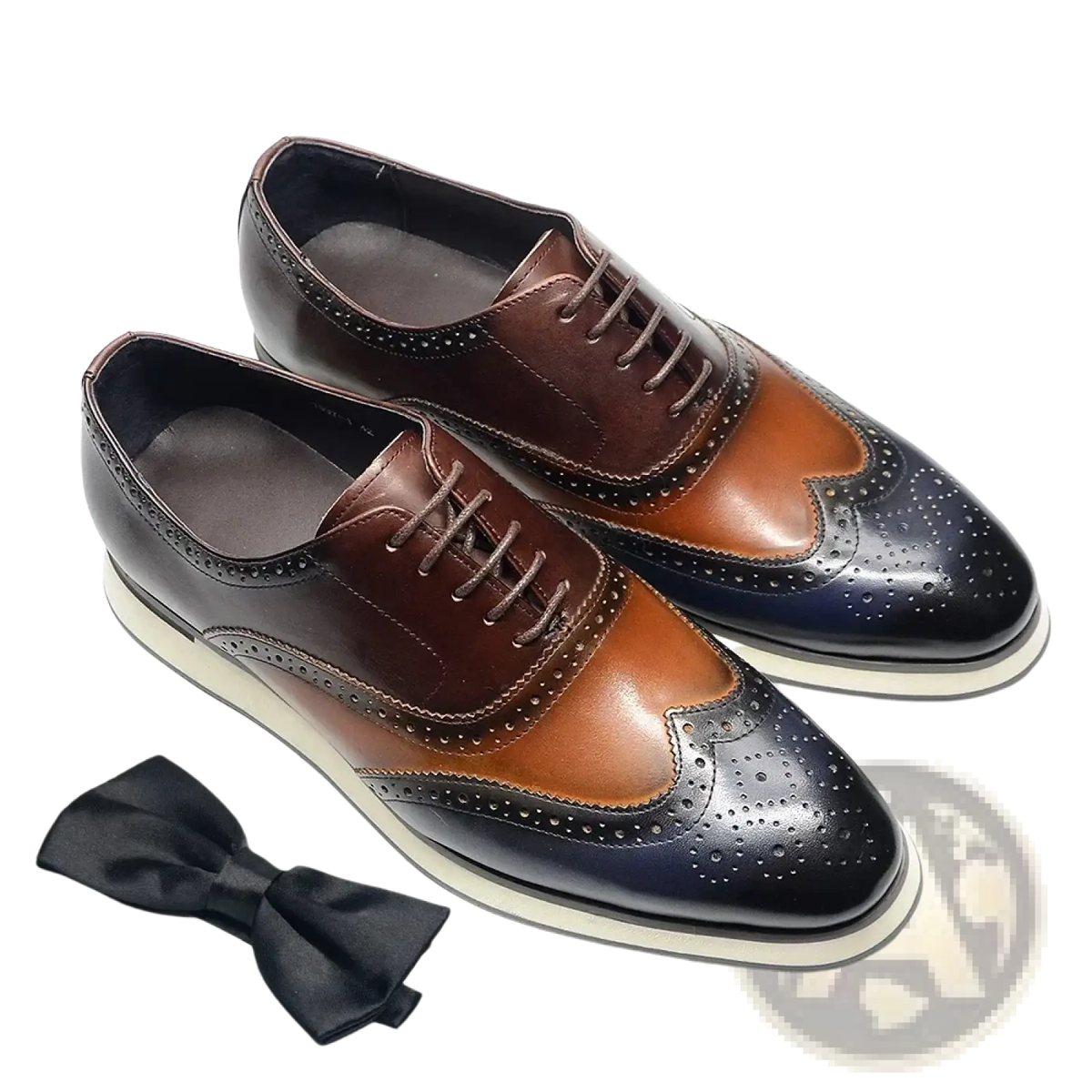 Leather wingtip brogue oxford sneakers in brown and black two-tone leather with perforated detailing
