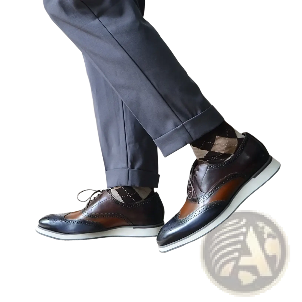 Leather wingtip brogue Oxford sneakers in brown and navy leather with a white rubber sole for dress casual wear