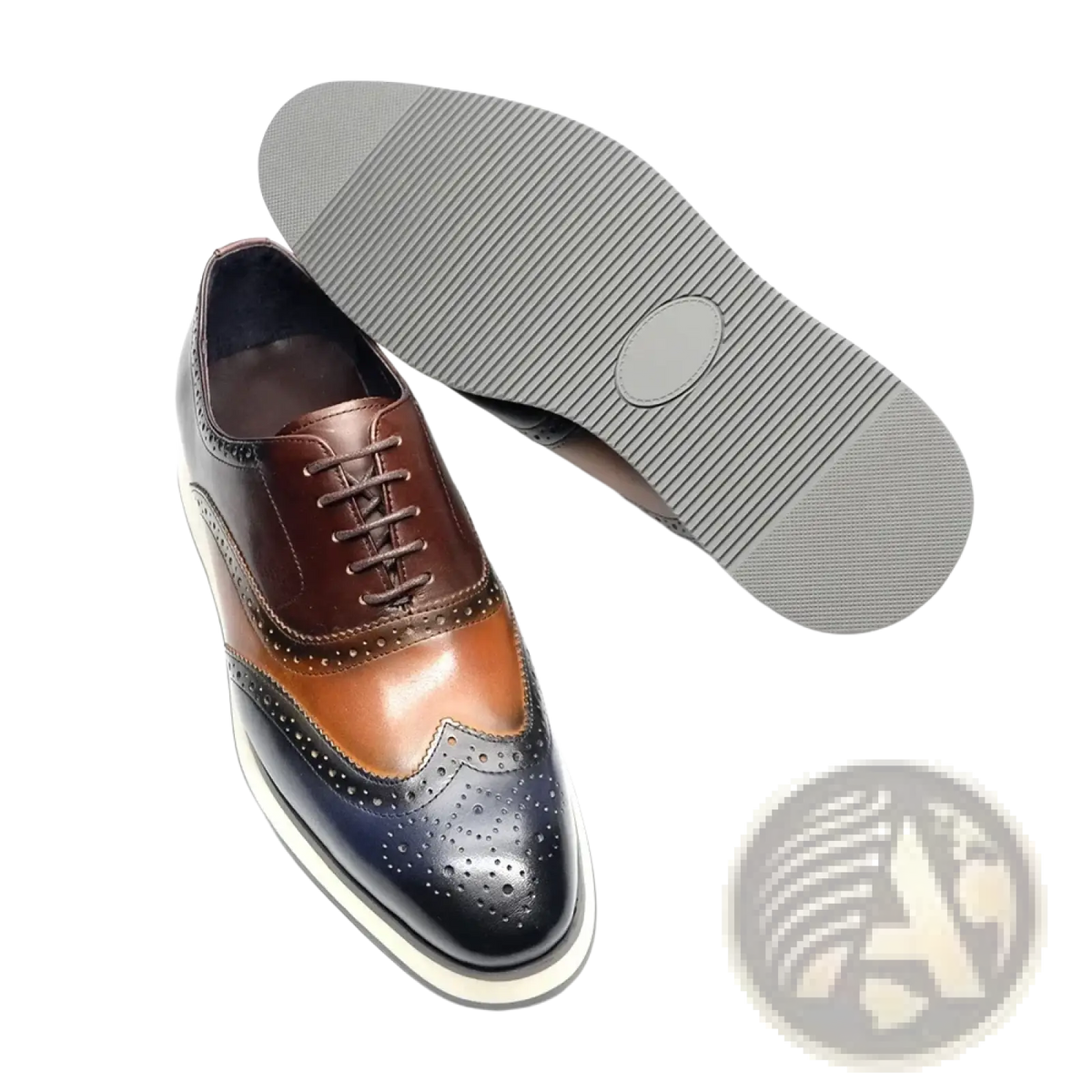 Leather wingtip brogue oxford sneakers in brown and navy two-tone with tan leather accents crafted from leather