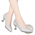 Light gray patent leather mid heel pumps with decorative bow embellishment for professional workwear