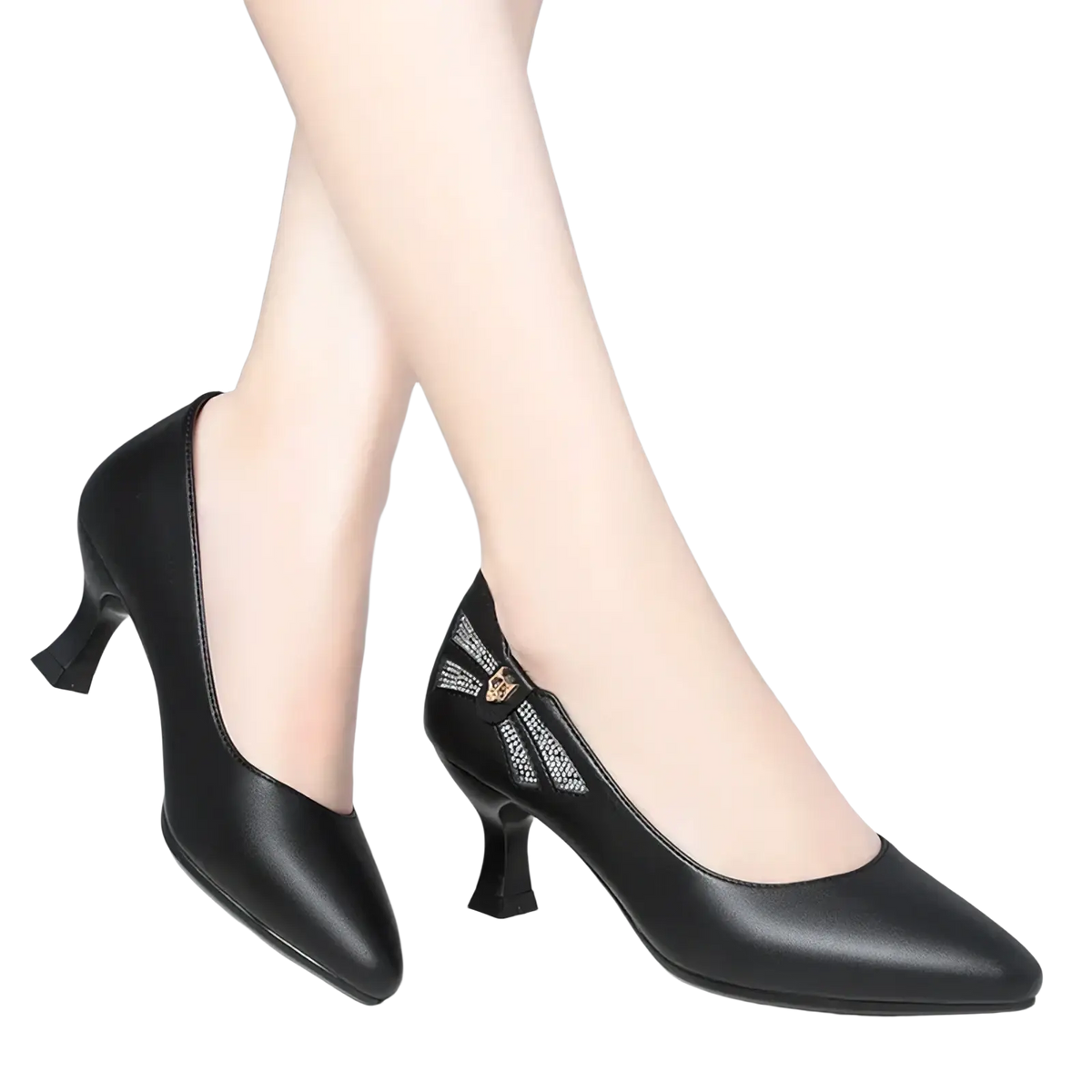 Black leather work shoes mid heel pumps featuring pointed toe and decorative bow detail on the side