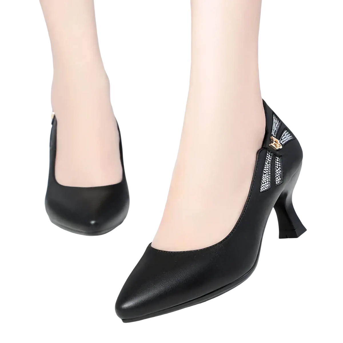 Black leather work shoes mid heel pumps with pointed toe and silver bow accent on the side