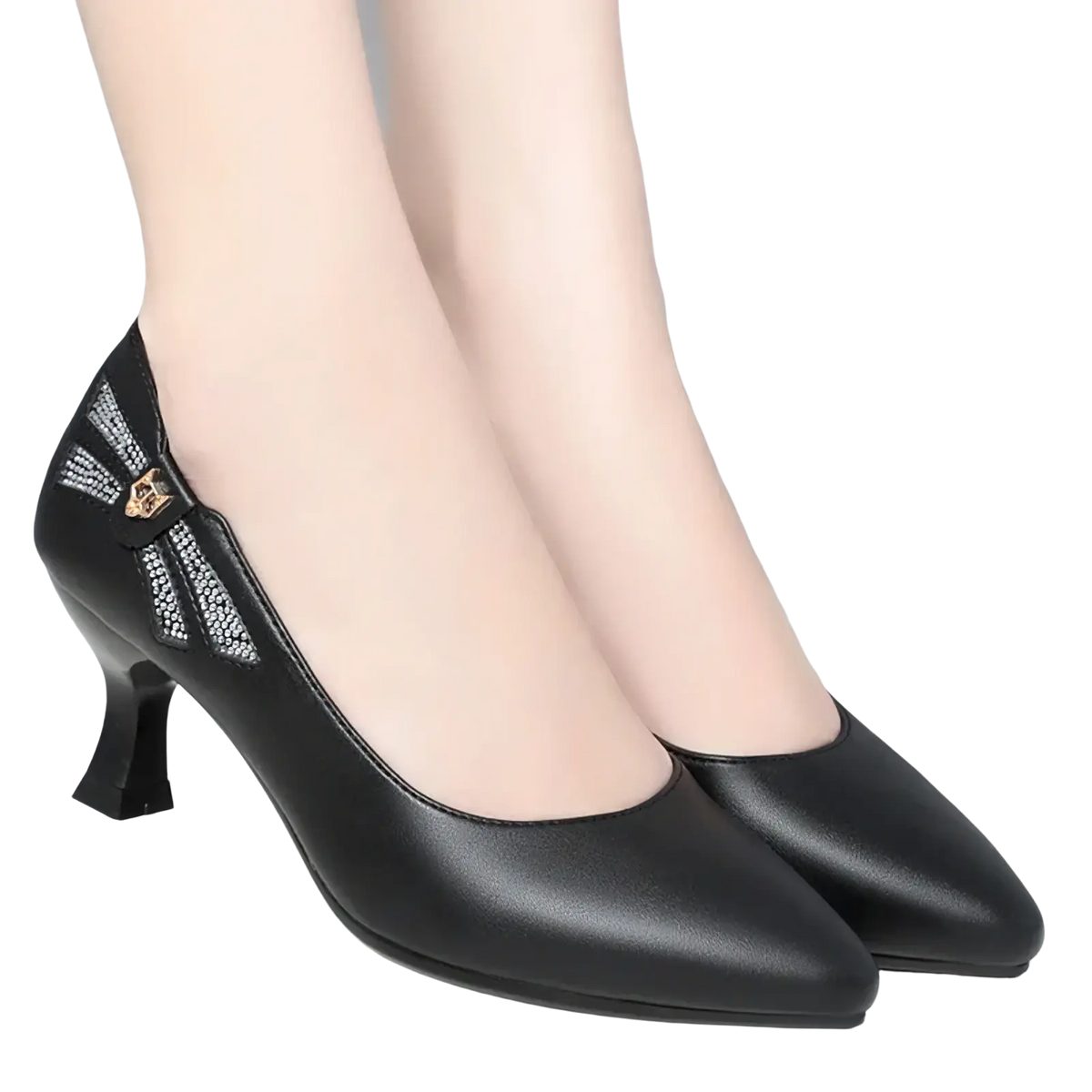 Black leather work shoes mid heel pumps with decorative bow embellished with rhinestones and gold-tone buckle accents