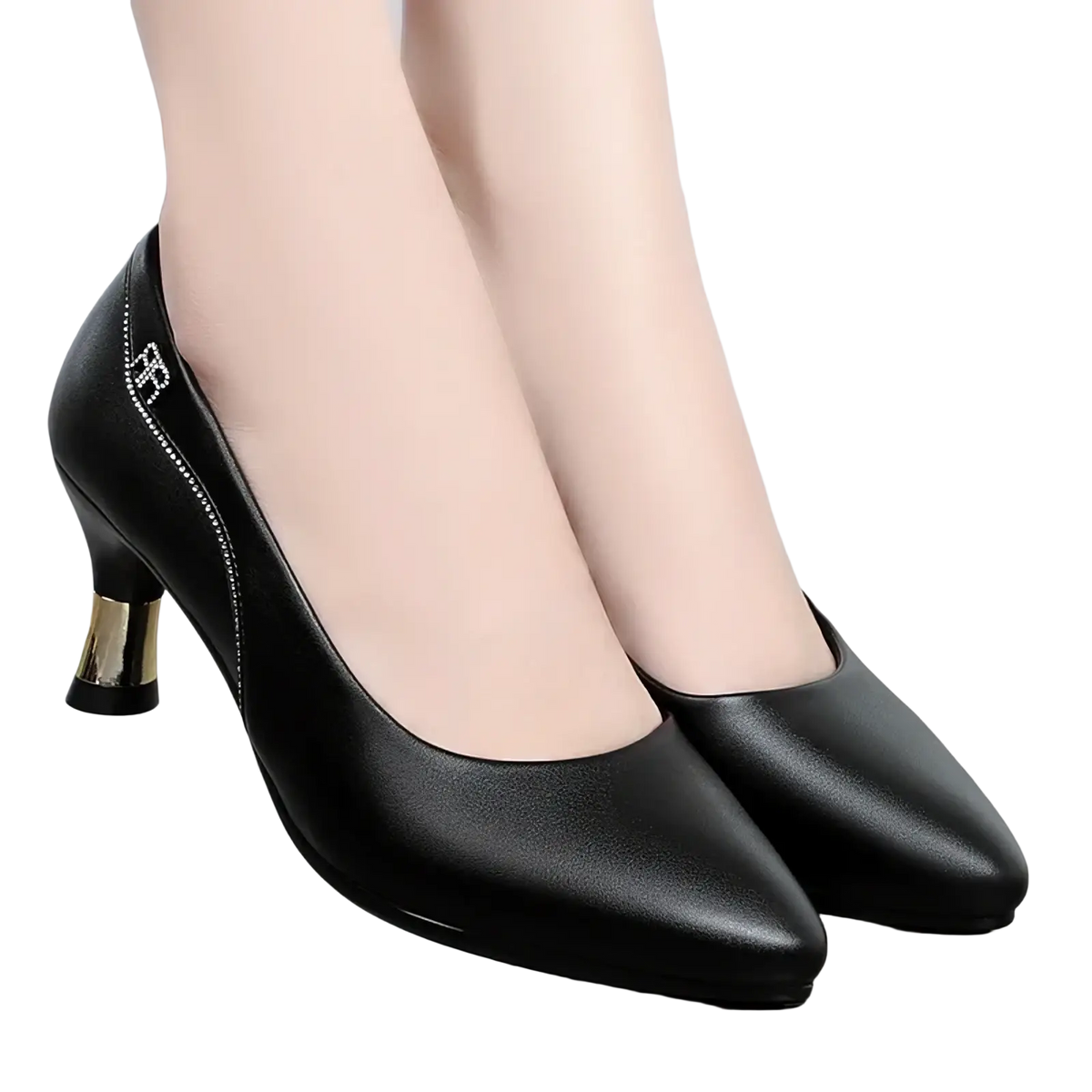 Black leather work shoes mid heel pumps with pointed toe and gold accented heel for professional wear