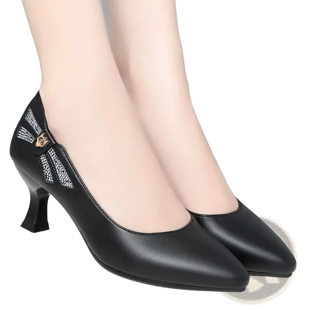Black leather work shoes mid heel pumps with decorative bow embellished with rhinestones and gold-tone buckle accents