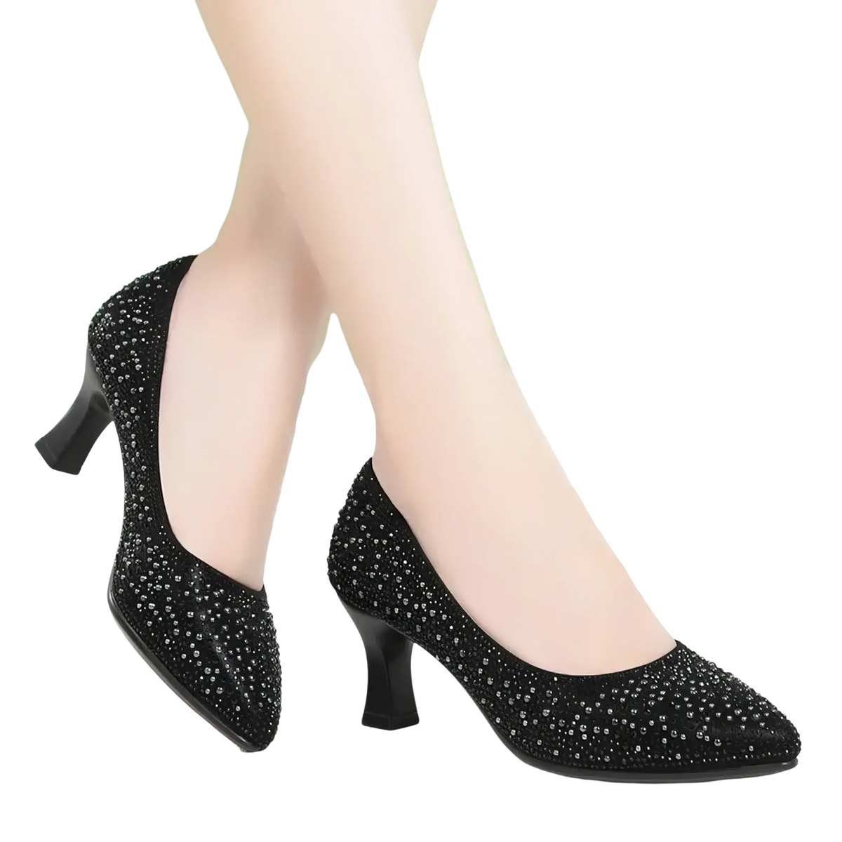 Black leather work shoes mid heel pumps adorned with sparkling rhinestones for elegant professional wear