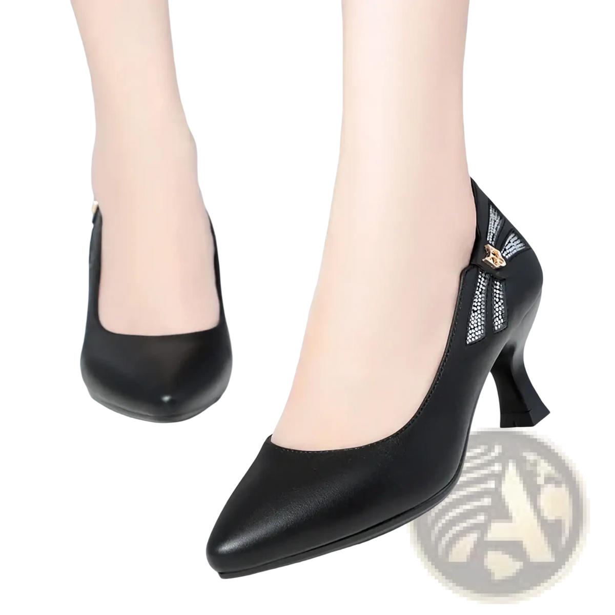 Black leather work shoes mid heel pumps with pointed toe and silver bow accent on the side