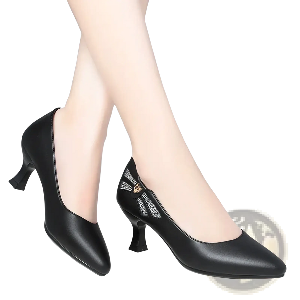 Black leather work shoes mid heel pumps with pointed toe and decorative bow detail on the side