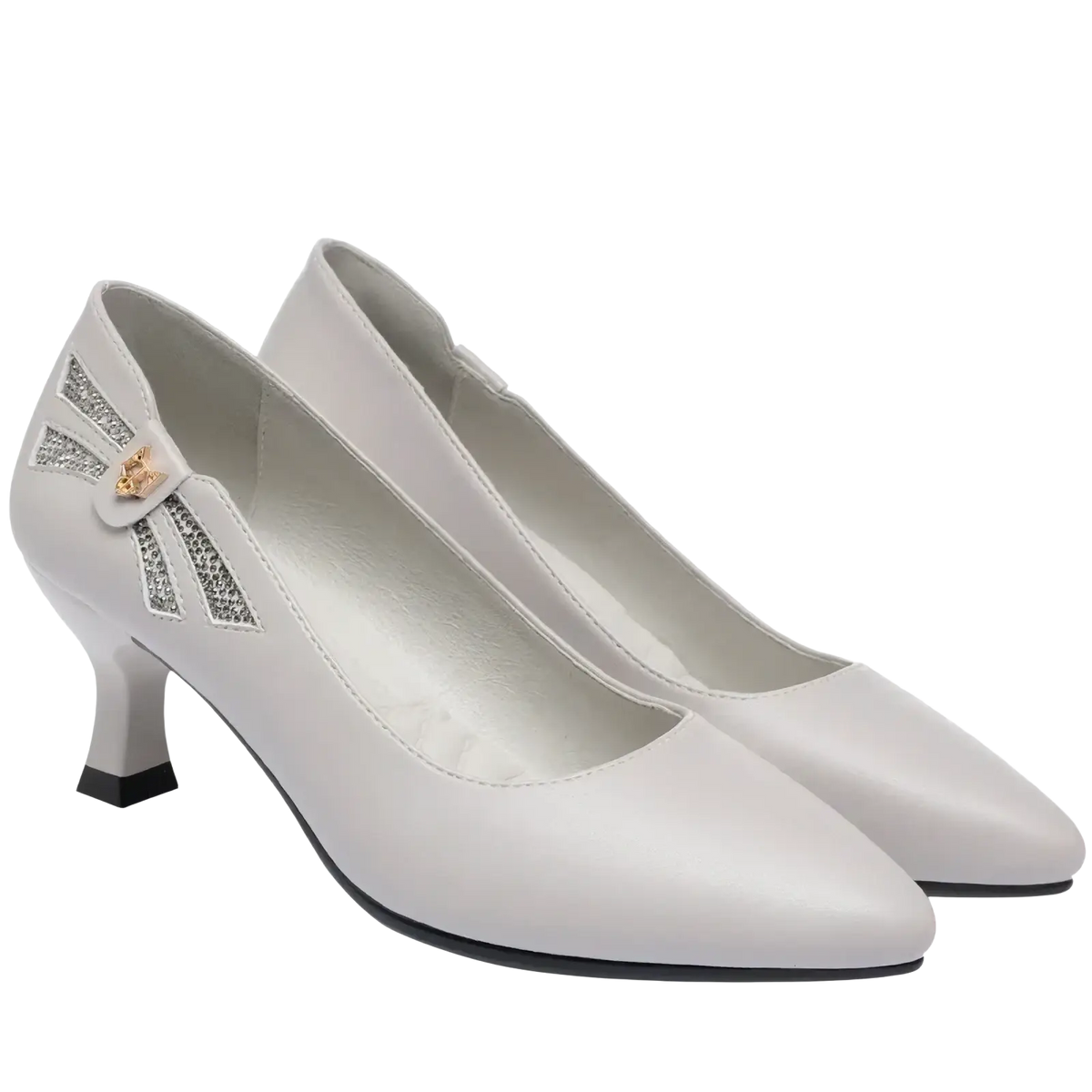 Cream-colored leather work shoes mid heel pumps with decorative silver glitter bow and gold-toned side embellishment