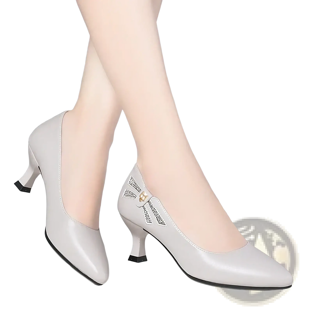 Light gray patent leather mid heel pumps with decorative bow embellishment designed as leather work shoes