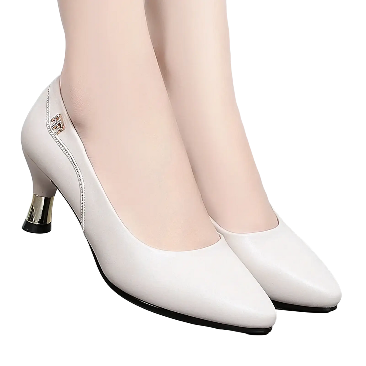White leather work shoes mid heel pumps with metallic gold heel cap and zipper detail shown from the back side