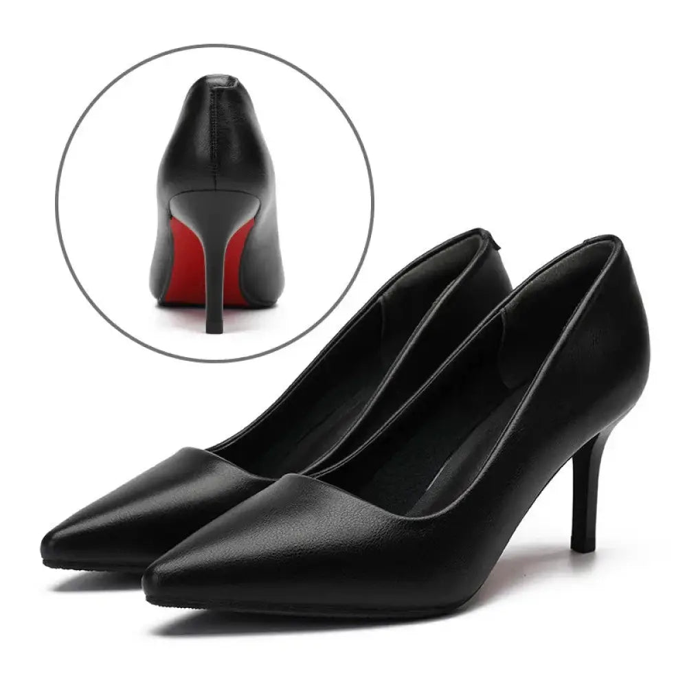 Women’s pointed toe black leather professional work flats with signature red sole and high heel design shown from back