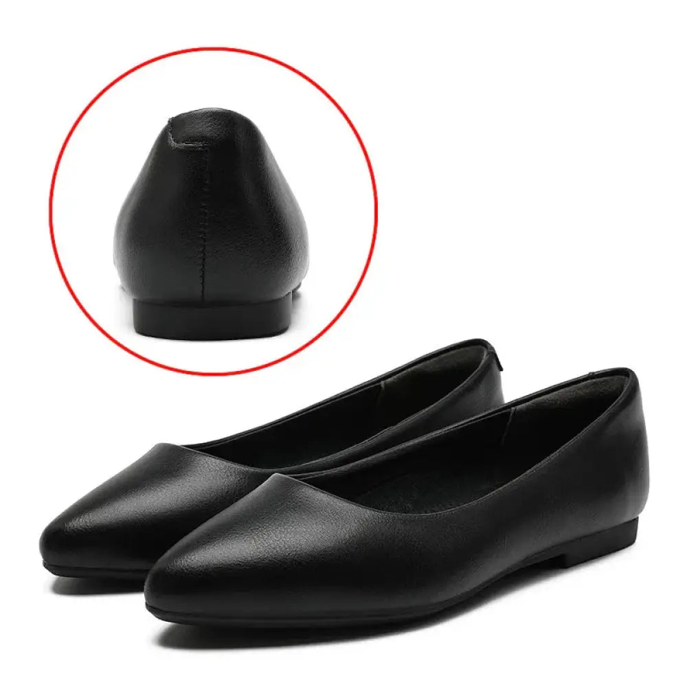 Women’s pointed toe black leather flat shoes with low heel designed for professional work use