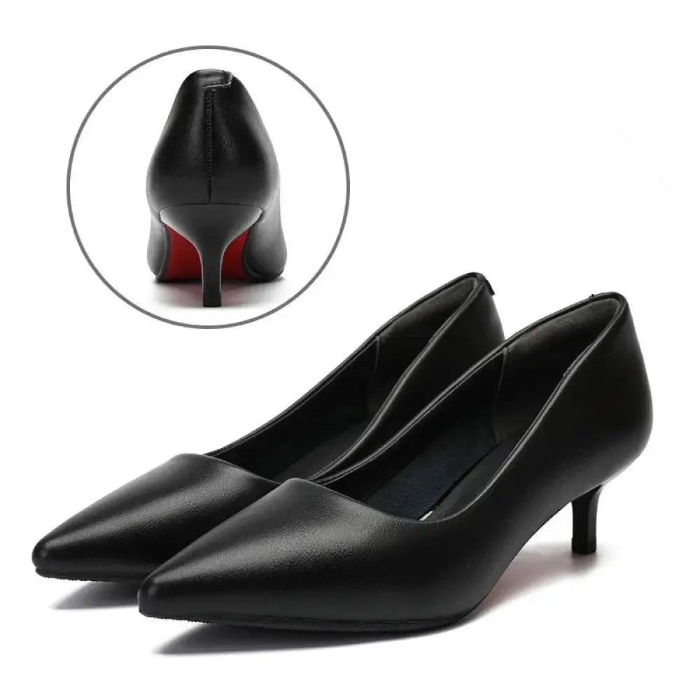 Women’s pointed toe black leather professional work flats with classic elegant design and red sole detail