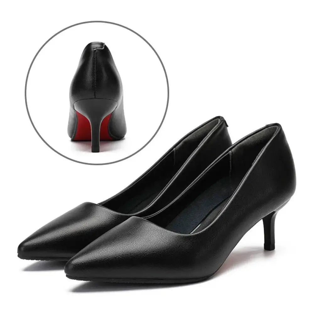 Black leather pointed toe pumps with red sole and slender heel for professional women’s work flats