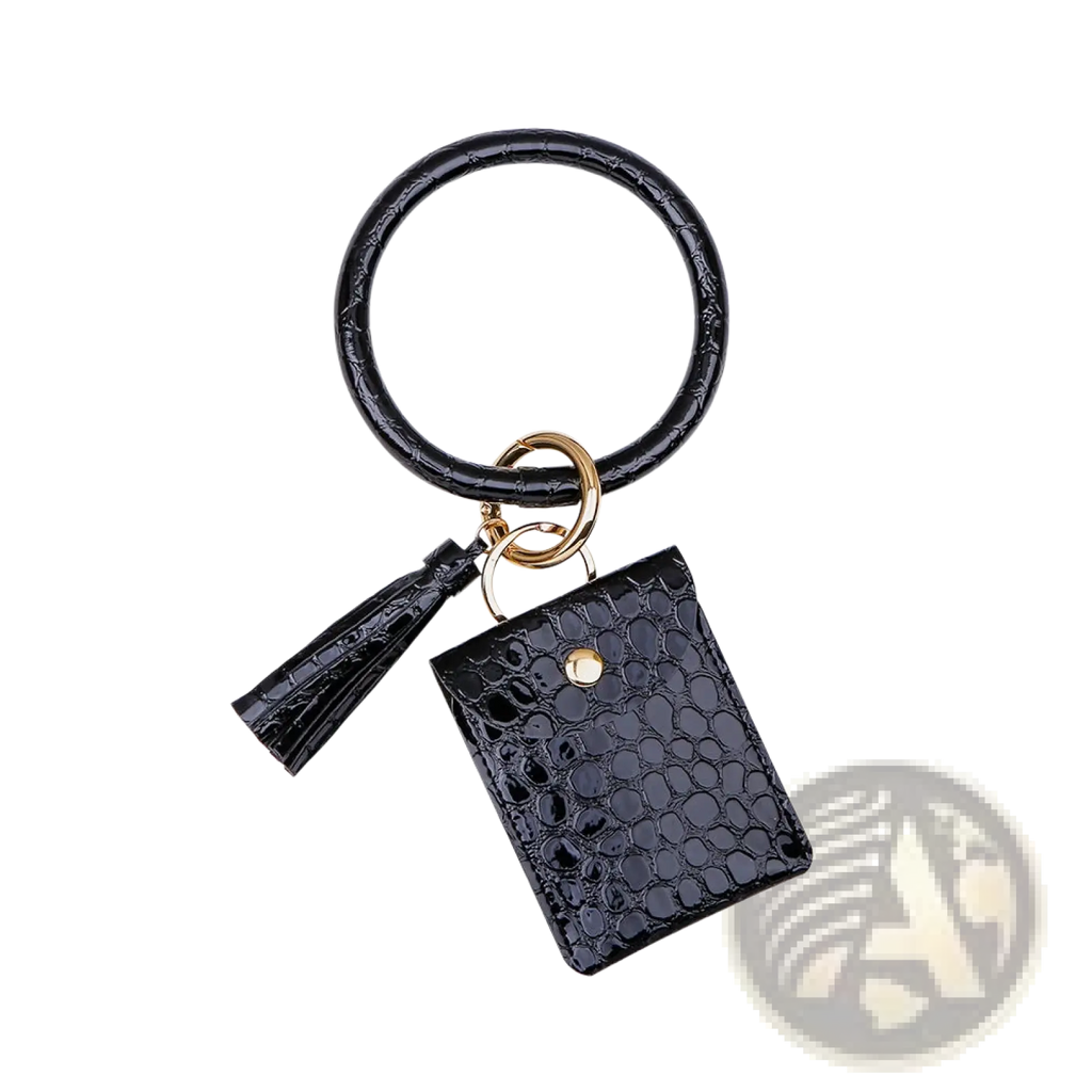 Black crocodile-textured leather wristlet keychain card holder with square pouch and tassel for organized carrying