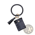 Black crocodile-textured leather wristlet keychain card holder with square pouch and tassel for organized carrying