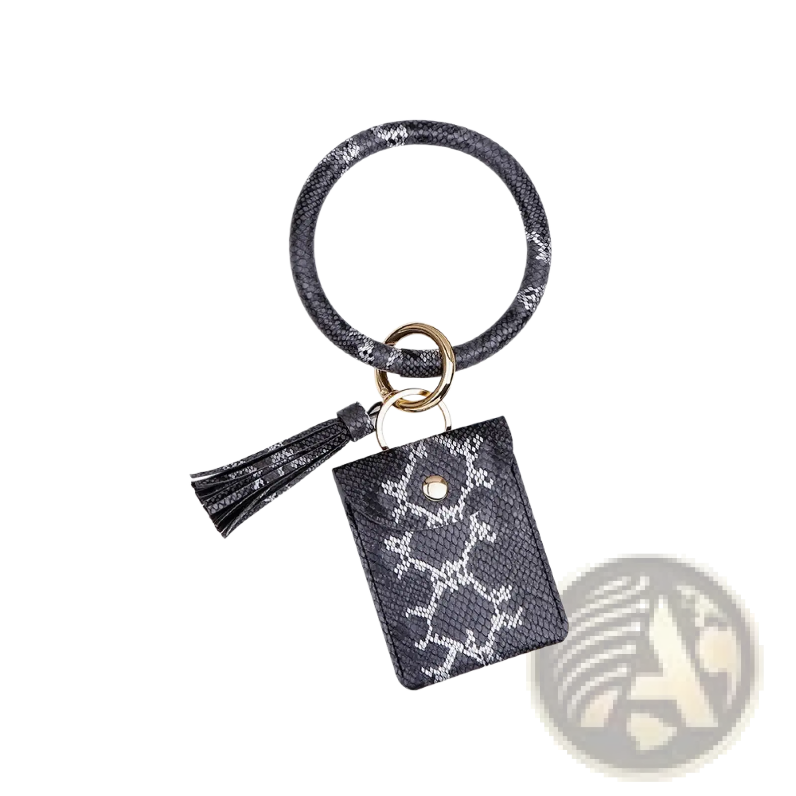 Black snake-print leather wristlet keychain card holder with rectangular pouch and tassel accessory
