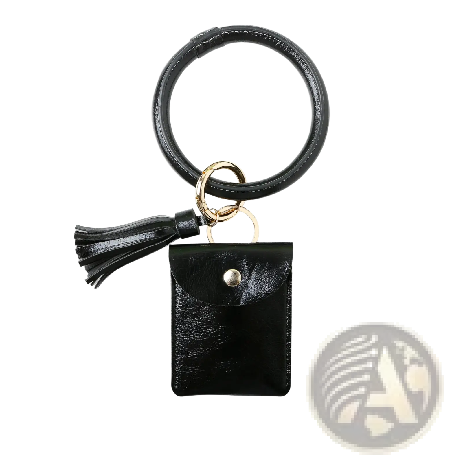 Black leather wristlet keychain card holder with gold-tone hardware circular ring and matching tassel accessory