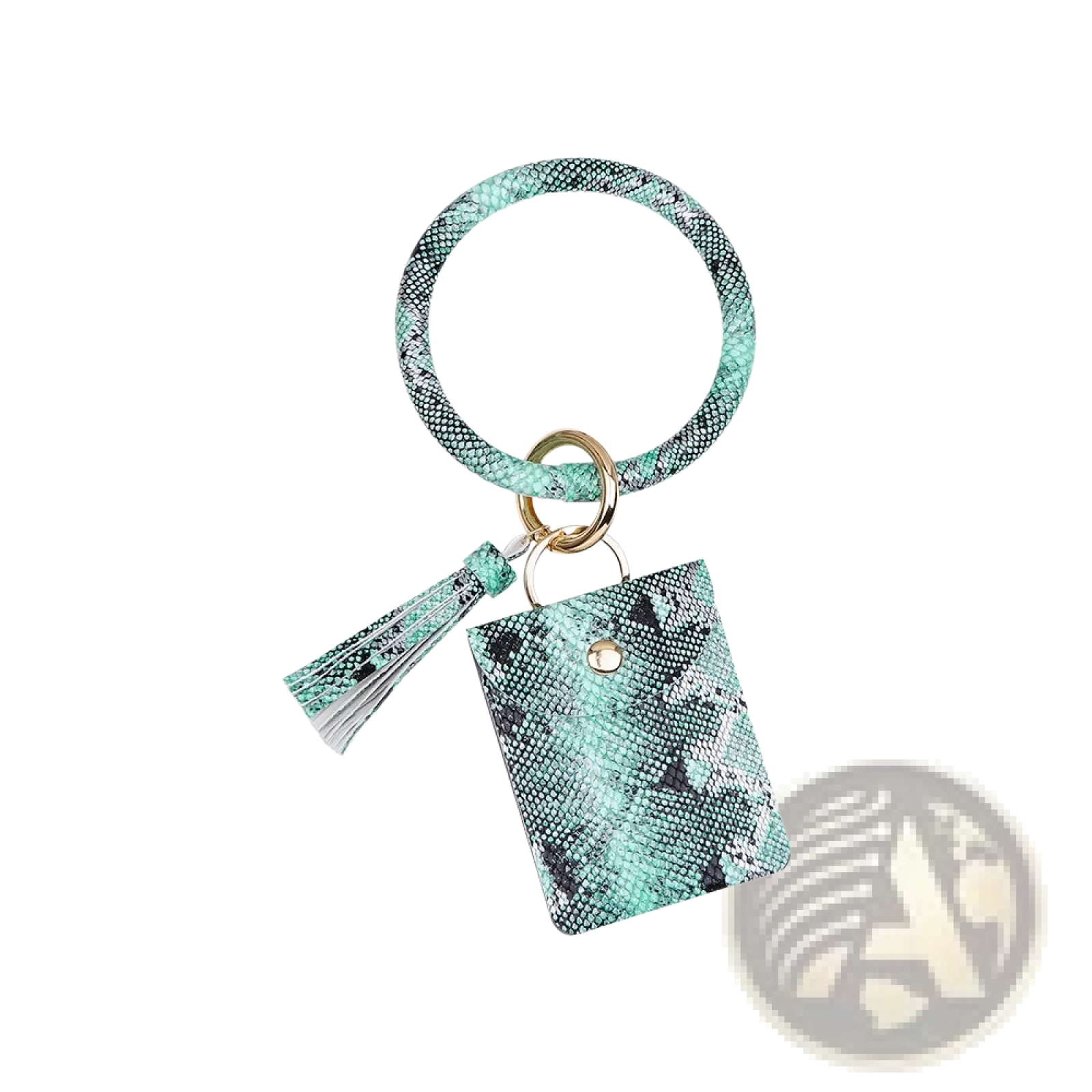 Leather wristlet keychain card holder in mint green snake print with matching pouch and tassel accessory