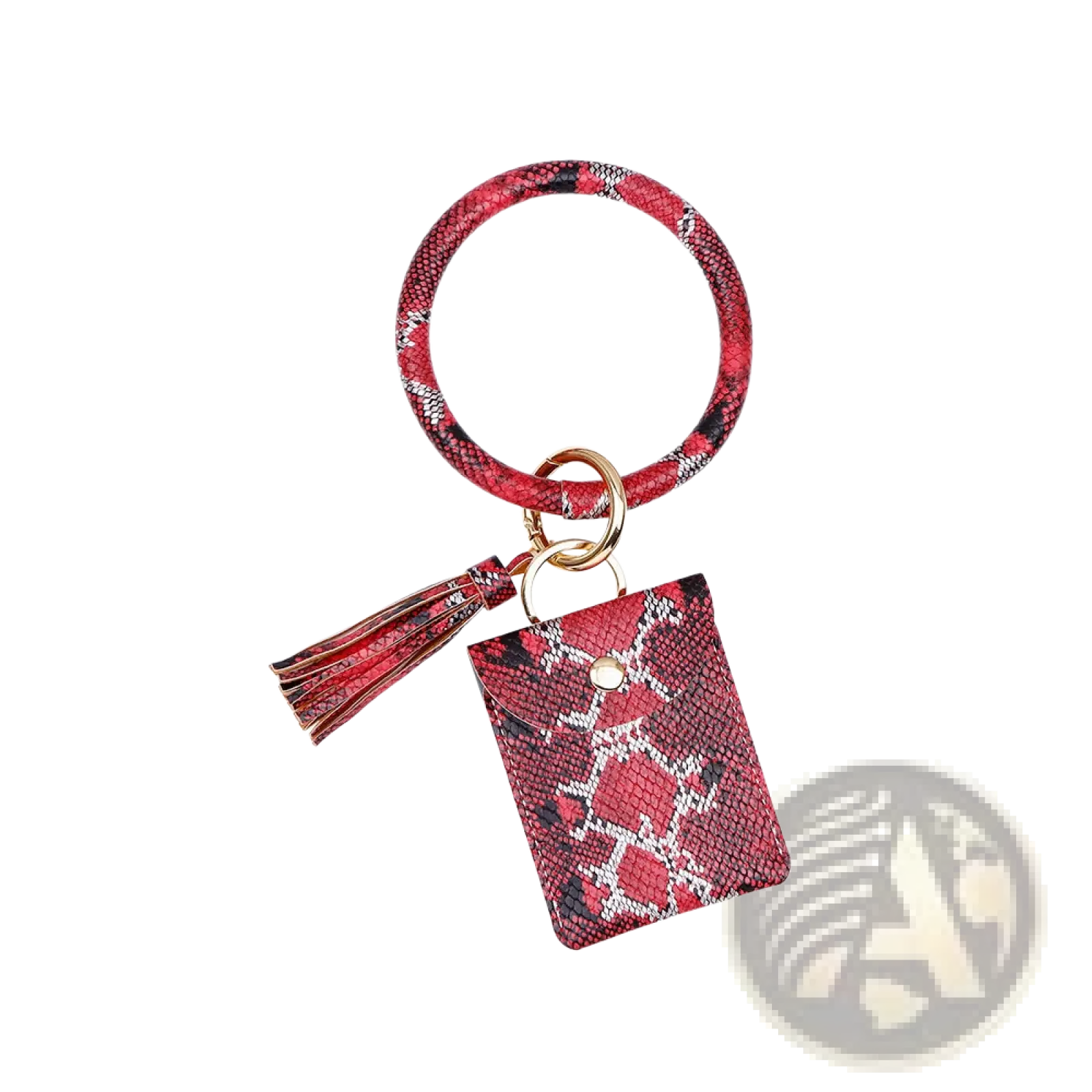 Red leather wristlet keychain card holder featuring snake print with matching tassel and small pouch